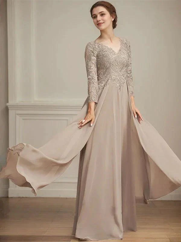A-line V-Neck Floor-Length Lace Chiffon Mother of the Bride Dress With Sequins - Image 2