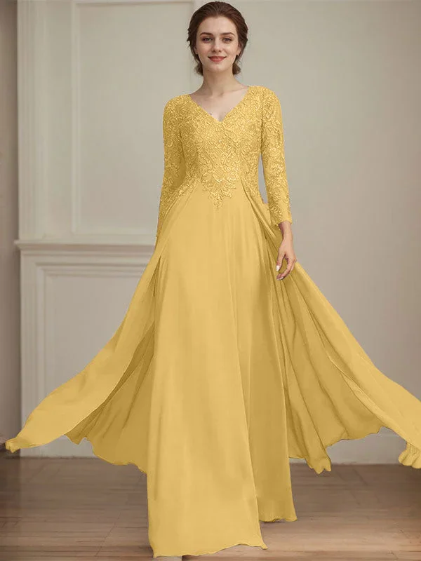 A-line V-Neck Floor-Length Lace Chiffon Mother of the Bride Dress With Sequins - Image 23