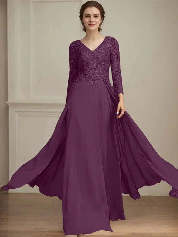 A-line V-Neck Floor-Length Lace Chiffon Mother of the Bride Dress With Sequins - Image 24