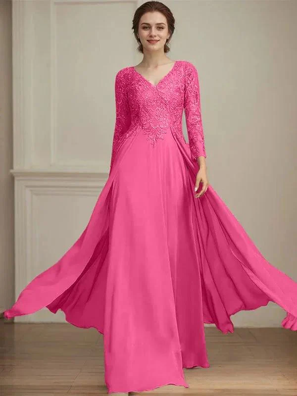 A-line V-Neck Floor-Length Lace Chiffon Mother of the Bride Dress With Sequins - Image 25