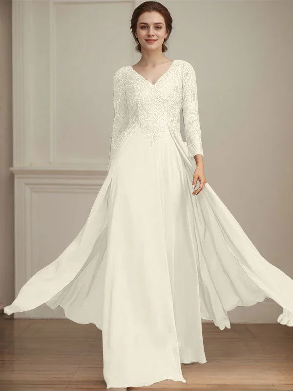 A-line V-Neck Floor-Length Lace Chiffon Mother of the Bride Dress With Sequins - Image 26