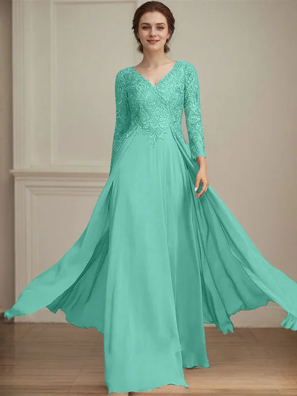 A-line V-Neck Floor-Length Lace Chiffon Mother of the Bride Dress With Sequins - Image 27