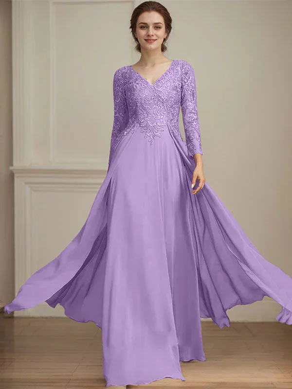 A-line V-Neck Floor-Length Lace Chiffon Mother of the Bride Dress With Sequins - Image 29