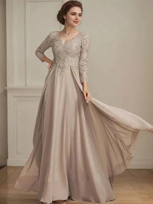 A-line V-Neck Floor-Length Lace Chiffon Mother of the Bride Dress With Sequins - Image 3