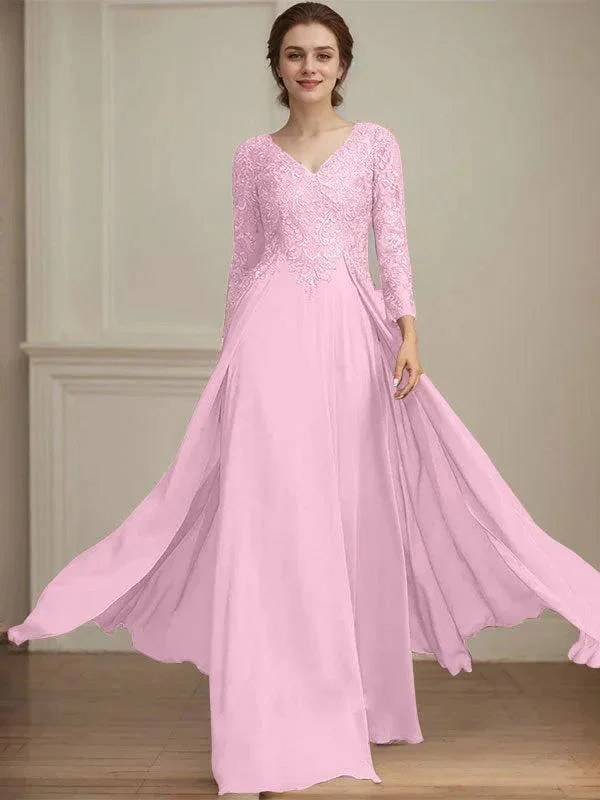 A-line V-Neck Floor-Length Lace Chiffon Mother of the Bride Dress With Sequins - Image 30