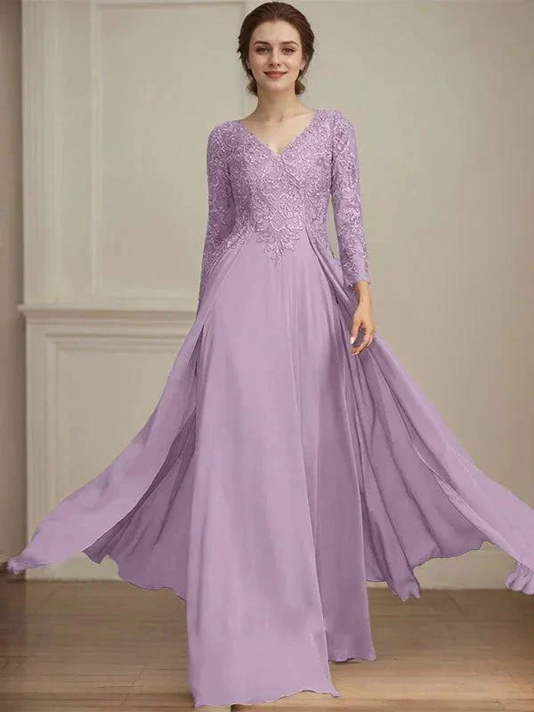 A-line V-Neck Floor-Length Lace Chiffon Mother of the Bride Dress With Sequins - Image 31