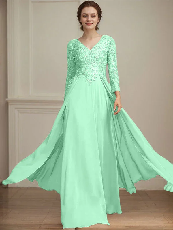 A-line V-Neck Floor-Length Lace Chiffon Mother of the Bride Dress With Sequins - Image 32