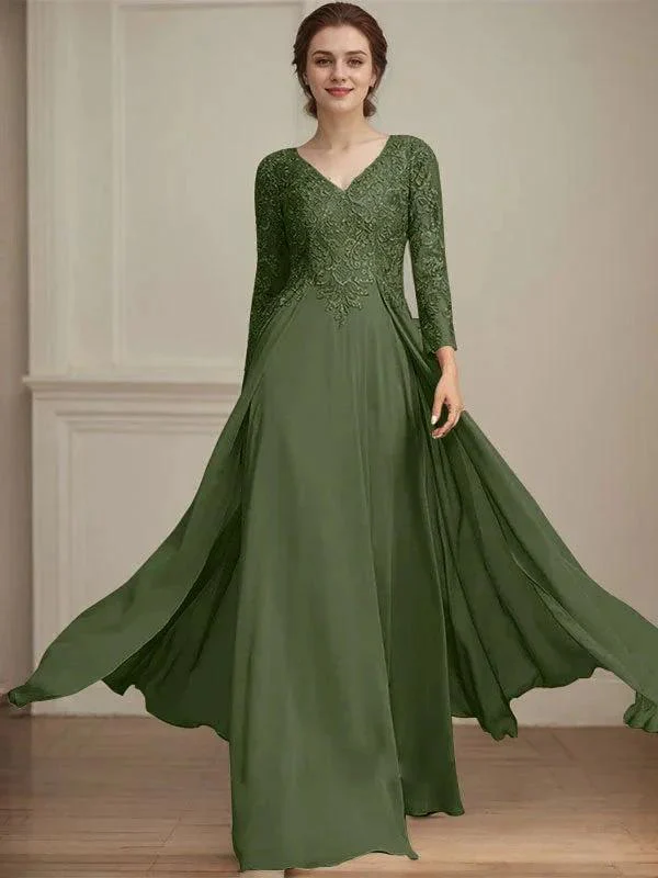 A-line V-Neck Floor-Length Lace Chiffon Mother of the Bride Dress With Sequins - Image 33