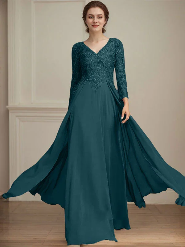 A-line V-Neck Floor-Length Lace Chiffon Mother of the Bride Dress With Sequins - Image 34