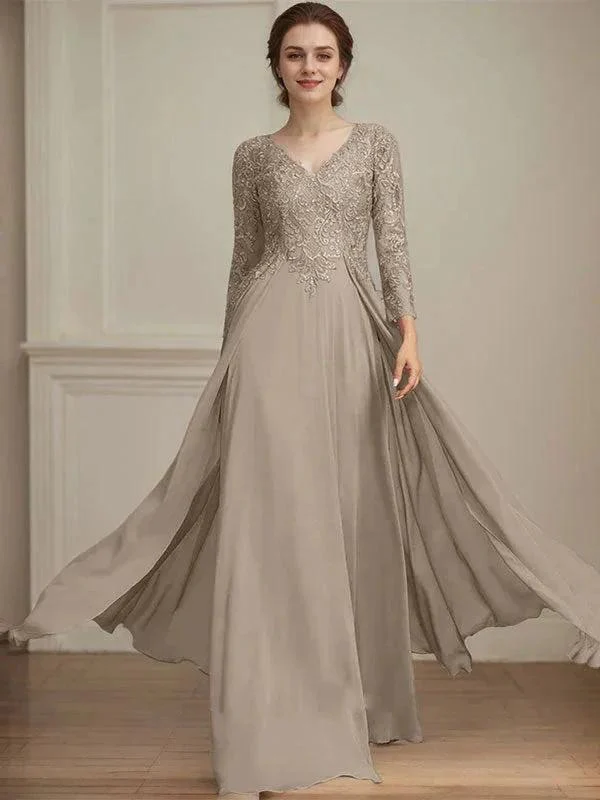 A-line V-Neck Floor-Length Lace Chiffon Mother of the Bride Dress With Sequins - Image 35