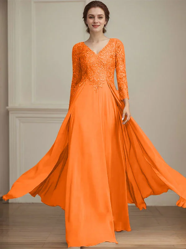 A-line V-Neck Floor-Length Lace Chiffon Mother of the Bride Dress With Sequins - Image 37