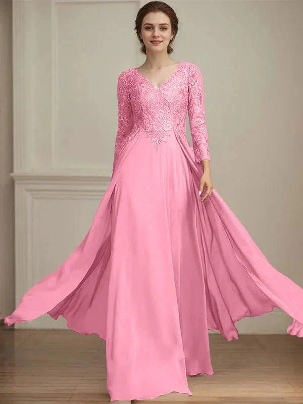 A-line V-Neck Floor-Length Lace Chiffon Mother of the Bride Dress With Sequins - Image 38