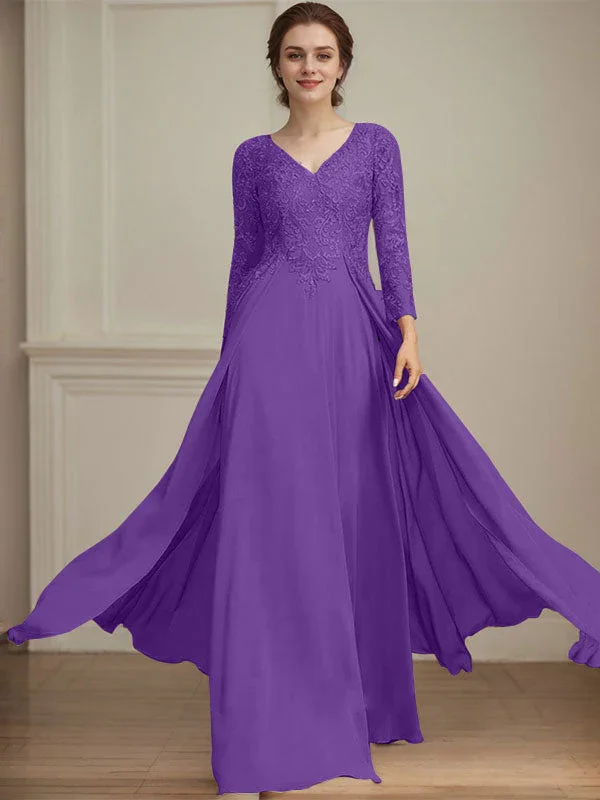 A-line V-Neck Floor-Length Lace Chiffon Mother of the Bride Dress With Sequins - Image 39