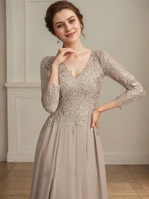 A-line V-Neck Floor-Length Lace Chiffon Mother of the Bride Dress With Sequins - Image 4