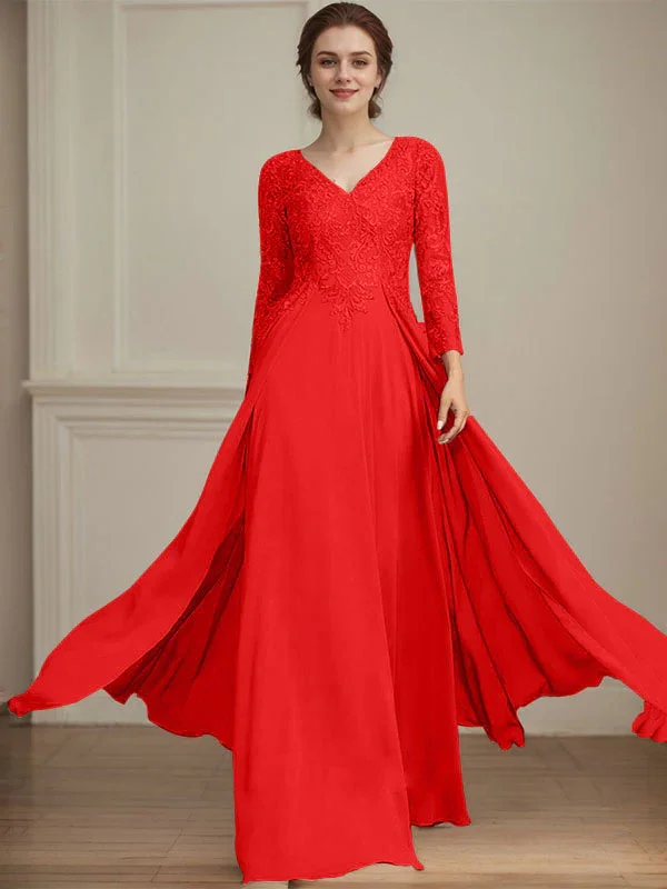 A-line V-Neck Floor-Length Lace Chiffon Mother of the Bride Dress With Sequins - Image 40
