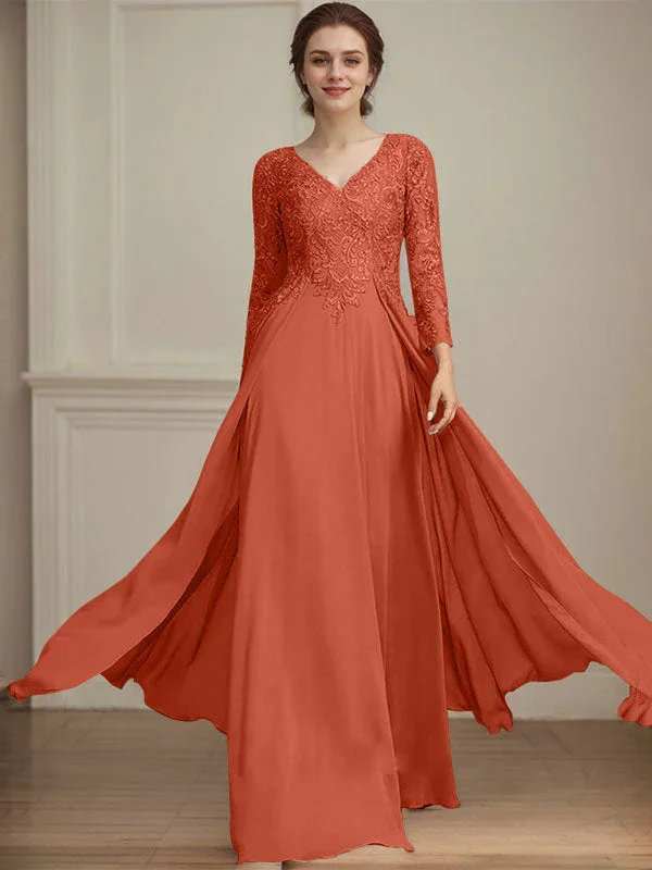 A-line V-Neck Floor-Length Lace Chiffon Mother of the Bride Dress With Sequins - Image 42