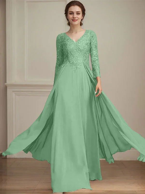 A-line V-Neck Floor-Length Lace Chiffon Mother of the Bride Dress With Sequins - Image 43
