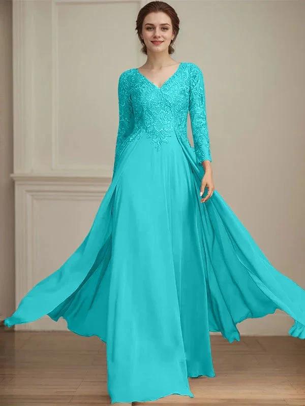 A-line V-Neck Floor-Length Lace Chiffon Mother of the Bride Dress With Sequins - Image 45