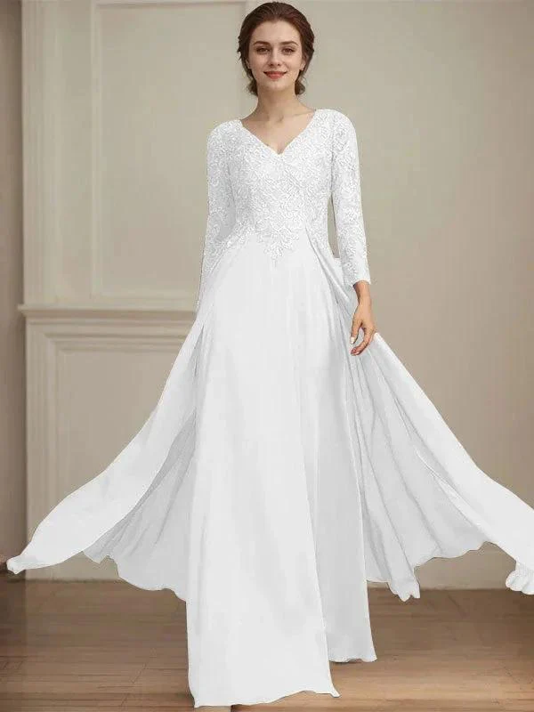 A-line V-Neck Floor-Length Lace Chiffon Mother of the Bride Dress With Sequins - Image 46