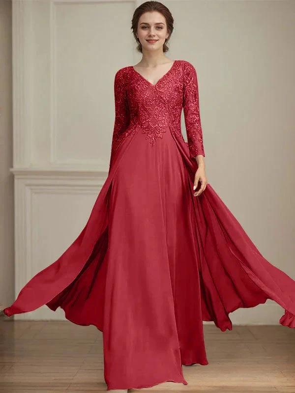 A-line V-Neck Floor-Length Lace Chiffon Mother of the Bride Dress With Sequins - Image 47