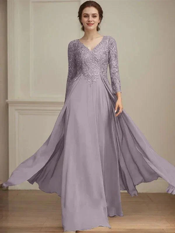 A-line V-Neck Floor-Length Lace Chiffon Mother of the Bride Dress With Sequins - Image 48