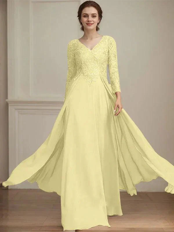 A-line V-Neck Floor-Length Lace Chiffon Mother of the Bride Dress With Sequins - Image 49