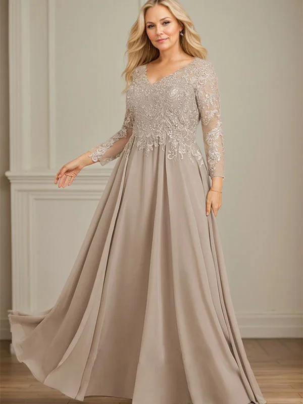 A-line V-Neck Floor-Length Lace Chiffon Mother of the Bride Dress With Sequins - Image 6