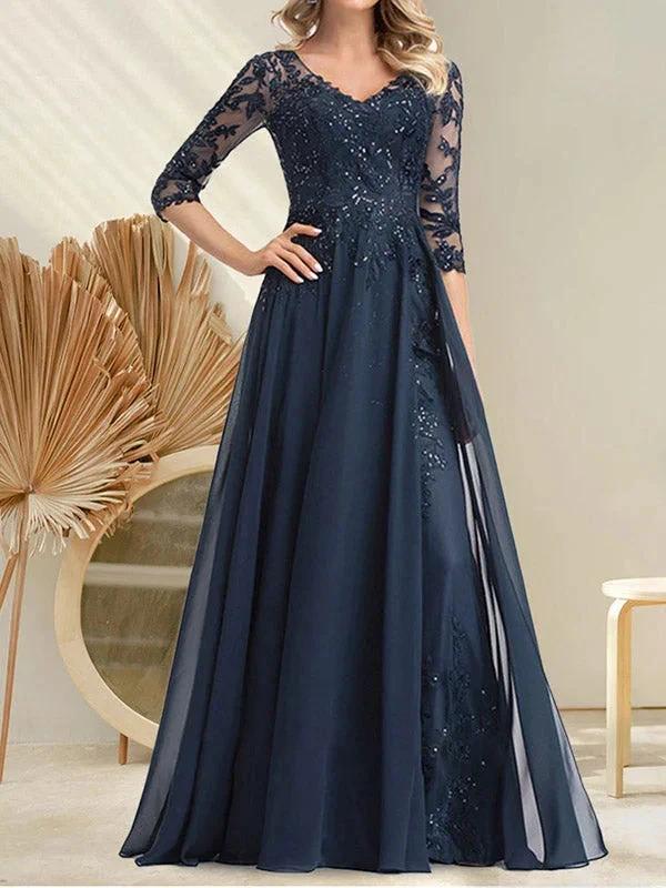 A-line V-Neck Floor-Length Lace Chiffon Mother of the Bride Dress With Sequins - Image 3