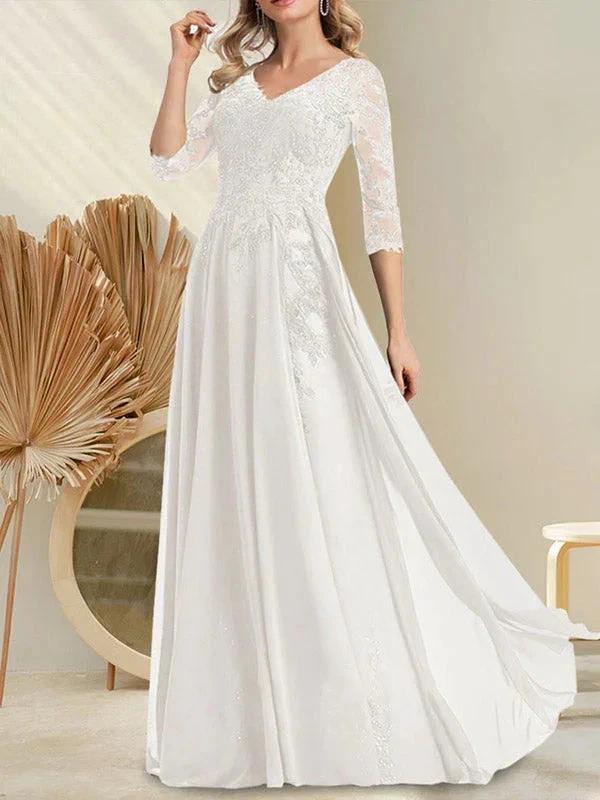 A-line V-Neck Floor-Length Lace Chiffon Mother of the Bride Dress With Sequins - Image 30