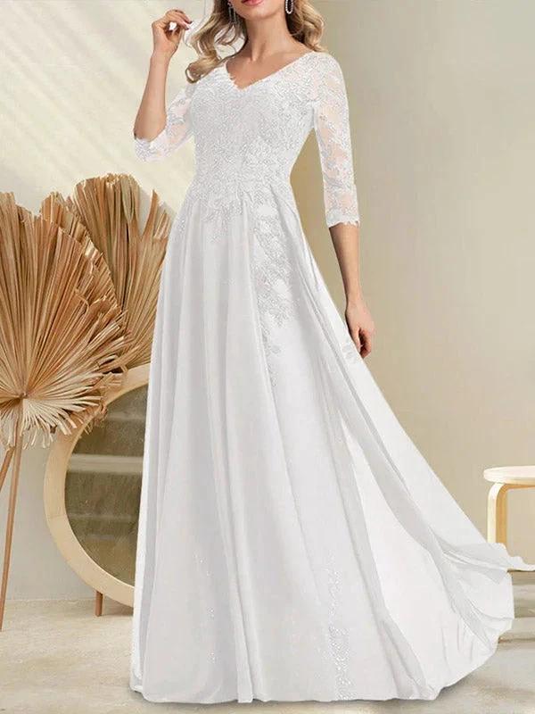 A-line V-Neck Floor-Length Lace Chiffon Mother of the Bride Dress With Sequins - Image 31