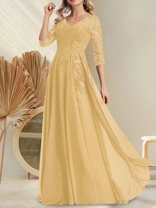 A-line V-Neck Floor-Length Lace Chiffon Mother of the Bride Dress With Sequins - Image 32