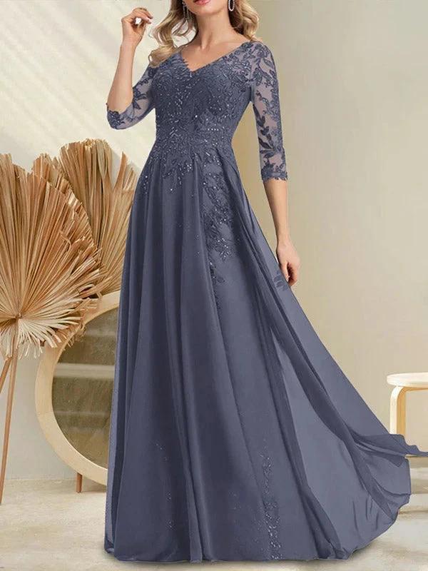 A-line V-Neck Floor-Length Lace Chiffon Mother of the Bride Dress With Sequins - Image 6