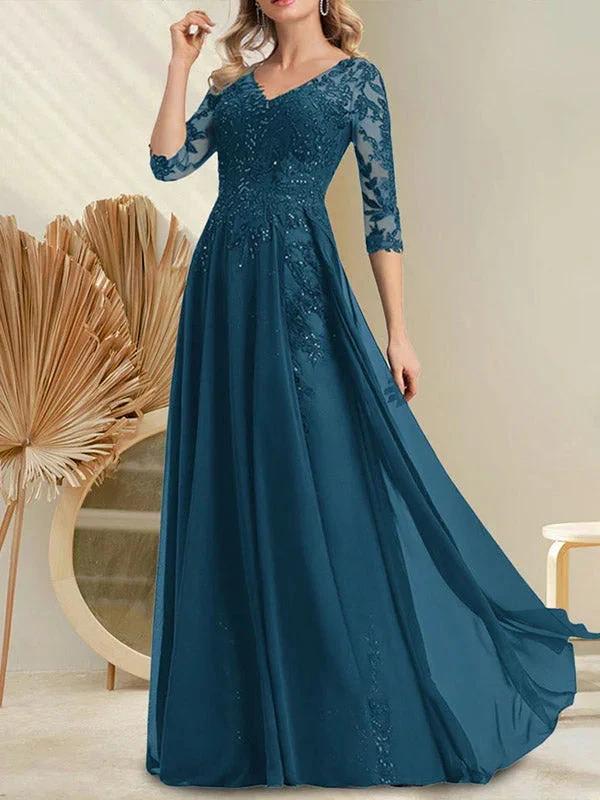 A-line V-Neck Floor-Length Lace Chiffon Mother of the Bride Dress With Sequins - Image 7