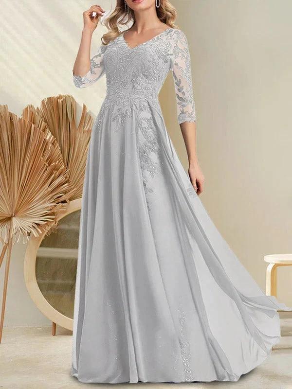A-line V-Neck Floor-Length Lace Chiffon Mother of the Bride Dress With Sequins - Image 8