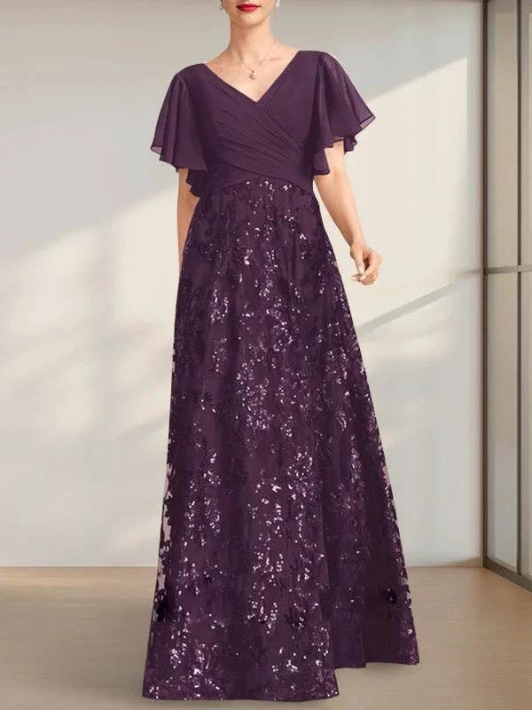 A-line V-Neck Floor-Length Lace Sequin Chiffon Mother of the Bride Dress With Pleated - Image 10