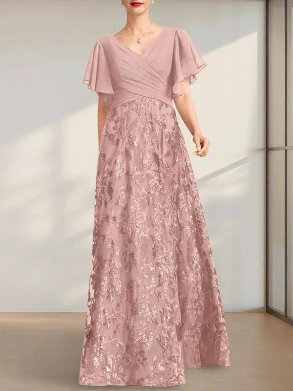 A-line V-Neck Floor-Length Lace Sequin Chiffon Mother of the Bride Dress With Pleated - Image 11