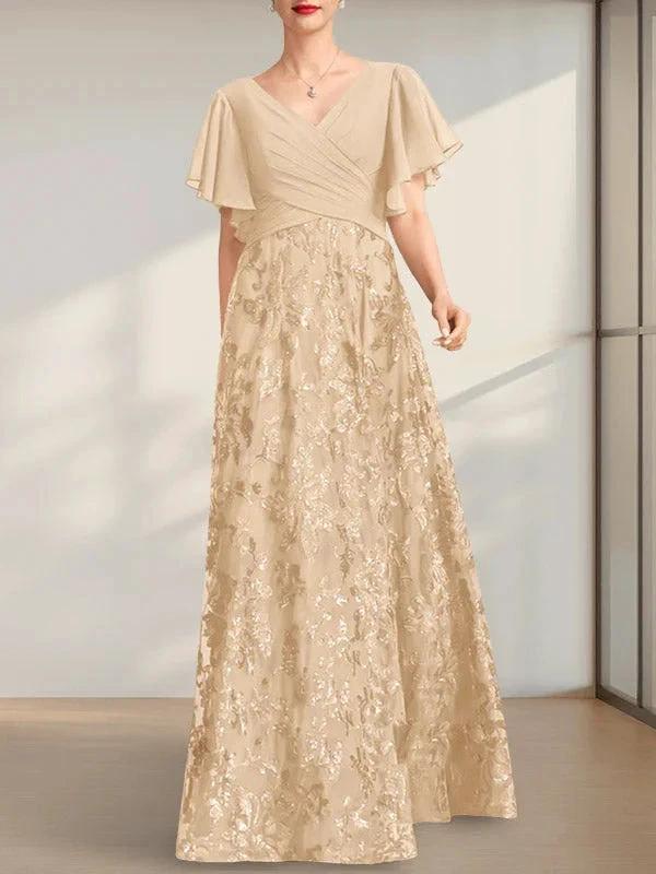 A-line V-Neck Floor-Length Lace Sequin Chiffon Mother of the Bride Dress With Pleated - Image 12