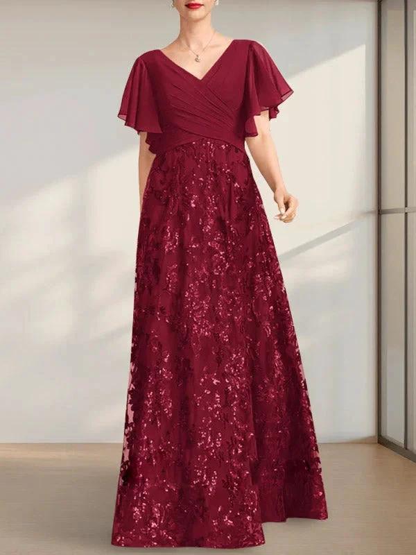 A-line V-Neck Floor-Length Lace Sequin Chiffon Mother of the Bride Dress With Pleated - Image 13