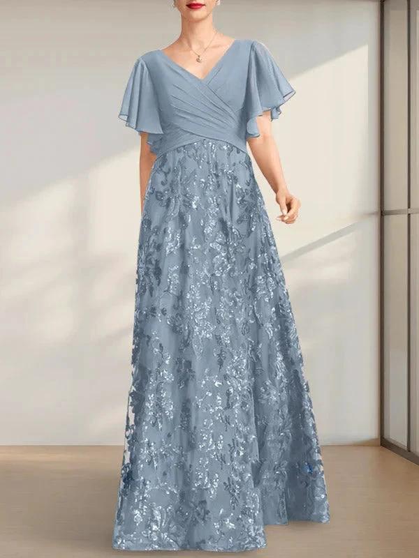 A-line V-Neck Floor-Length Lace Sequin Chiffon Mother of the Bride Dress With Pleated - Image 14