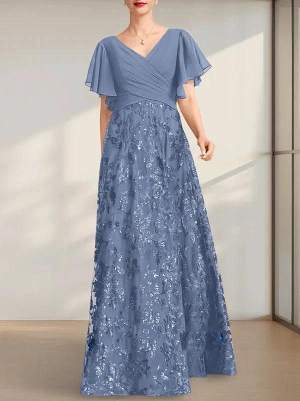 A-line V-Neck Floor-Length Lace Sequin Chiffon Mother of the Bride Dress With Pleated - Image 15