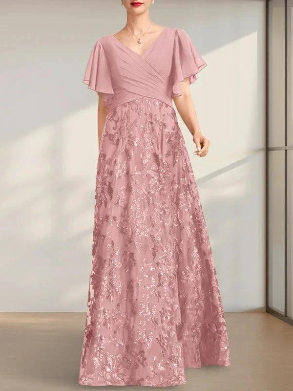 A-line V-Neck Floor-Length Lace Sequin Chiffon Mother of the Bride Dress With Pleated - Image 17