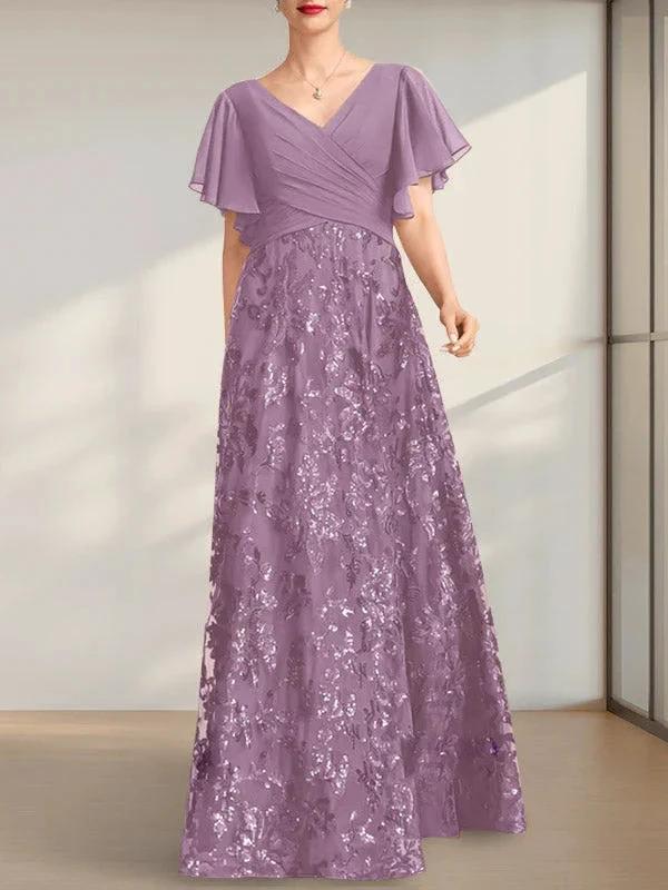A-line V-Neck Floor-Length Lace Sequin Chiffon Mother of the Bride Dress With Pleated - Image 18