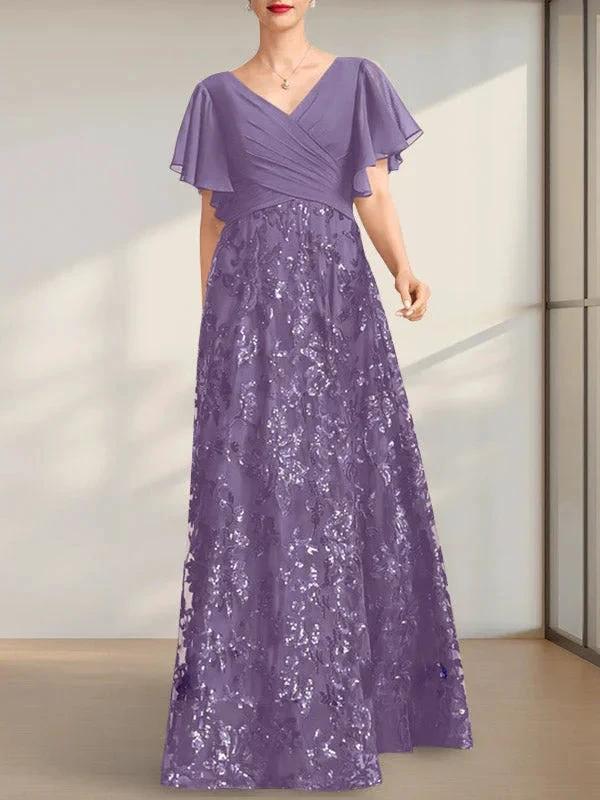 A-line V-Neck Floor-Length Lace Sequin Chiffon Mother of the Bride Dress With Pleated - Image 19