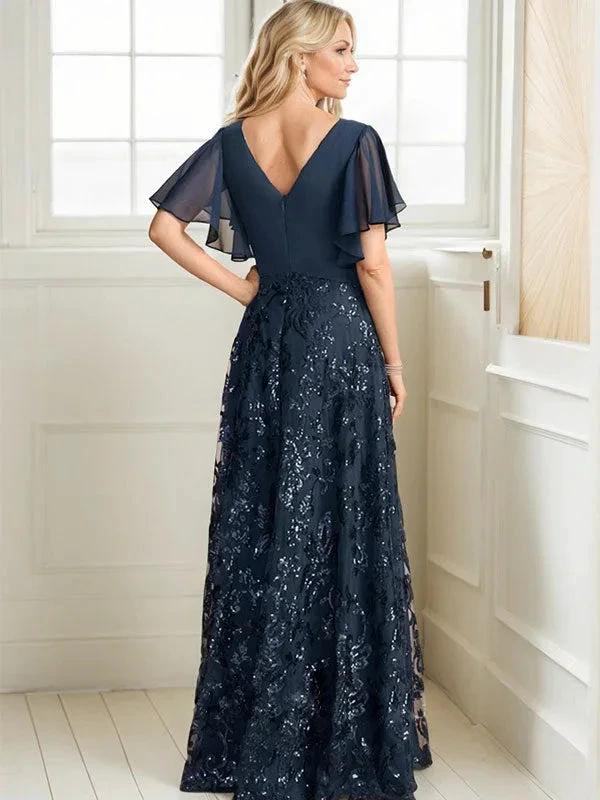 A-line V-Neck Floor-Length Lace Sequin Chiffon Mother of the Bride Dress With Pleated - Image 2