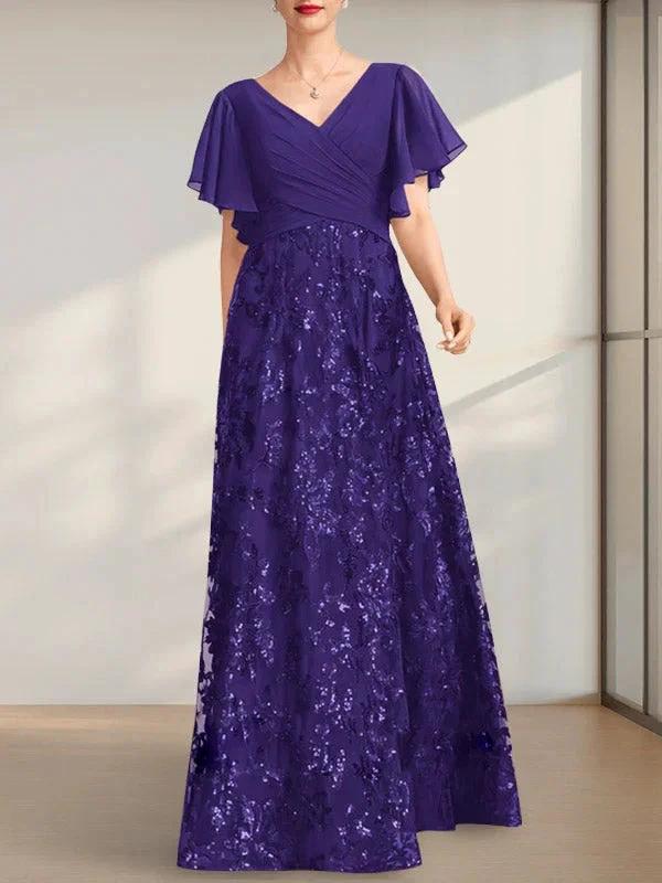 A-line V-Neck Floor-Length Lace Sequin Chiffon Mother of the Bride Dress With Pleated - Image 20