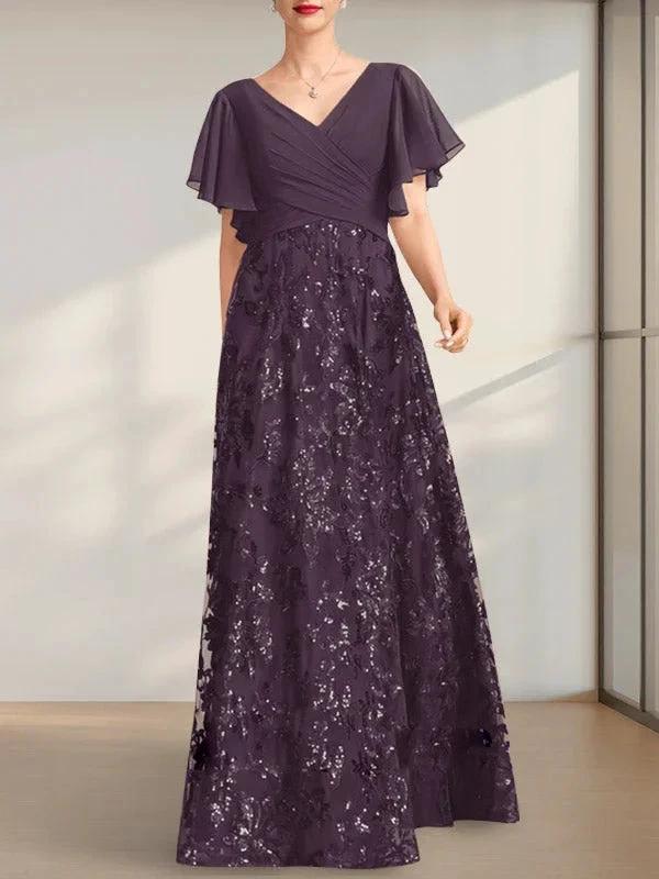 A-line V-Neck Floor-Length Lace Sequin Chiffon Mother of the Bride Dress With Pleated - Image 21