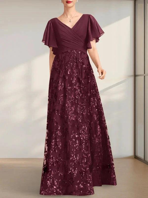 A-line V-Neck Floor-Length Lace Sequin Chiffon Mother of the Bride Dress With Pleated - Image 22