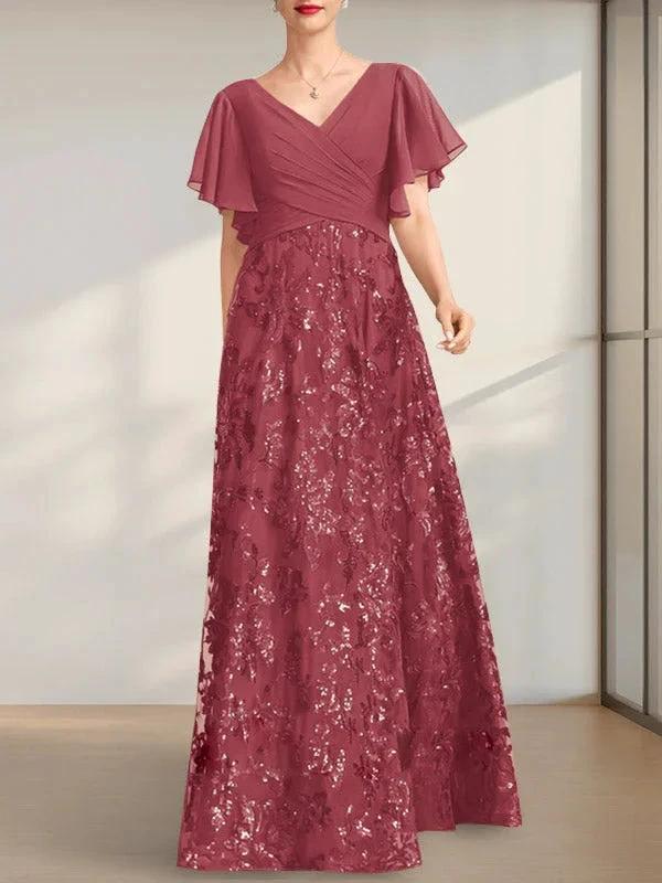 A-line V-Neck Floor-Length Lace Sequin Chiffon Mother of the Bride Dress With Pleated - Image 24