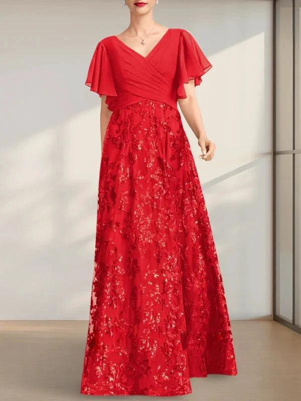 A-line V-Neck Floor-Length Lace Sequin Chiffon Mother of the Bride Dress With Pleated - Image 25