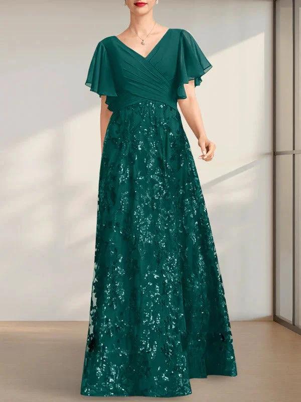 A-line V-Neck Floor-Length Lace Sequin Chiffon Mother of the Bride Dress With Pleated - Image 27